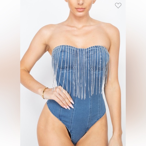 Tops - Strapless Fringe Rhinestone Detail Denim Bodysuit